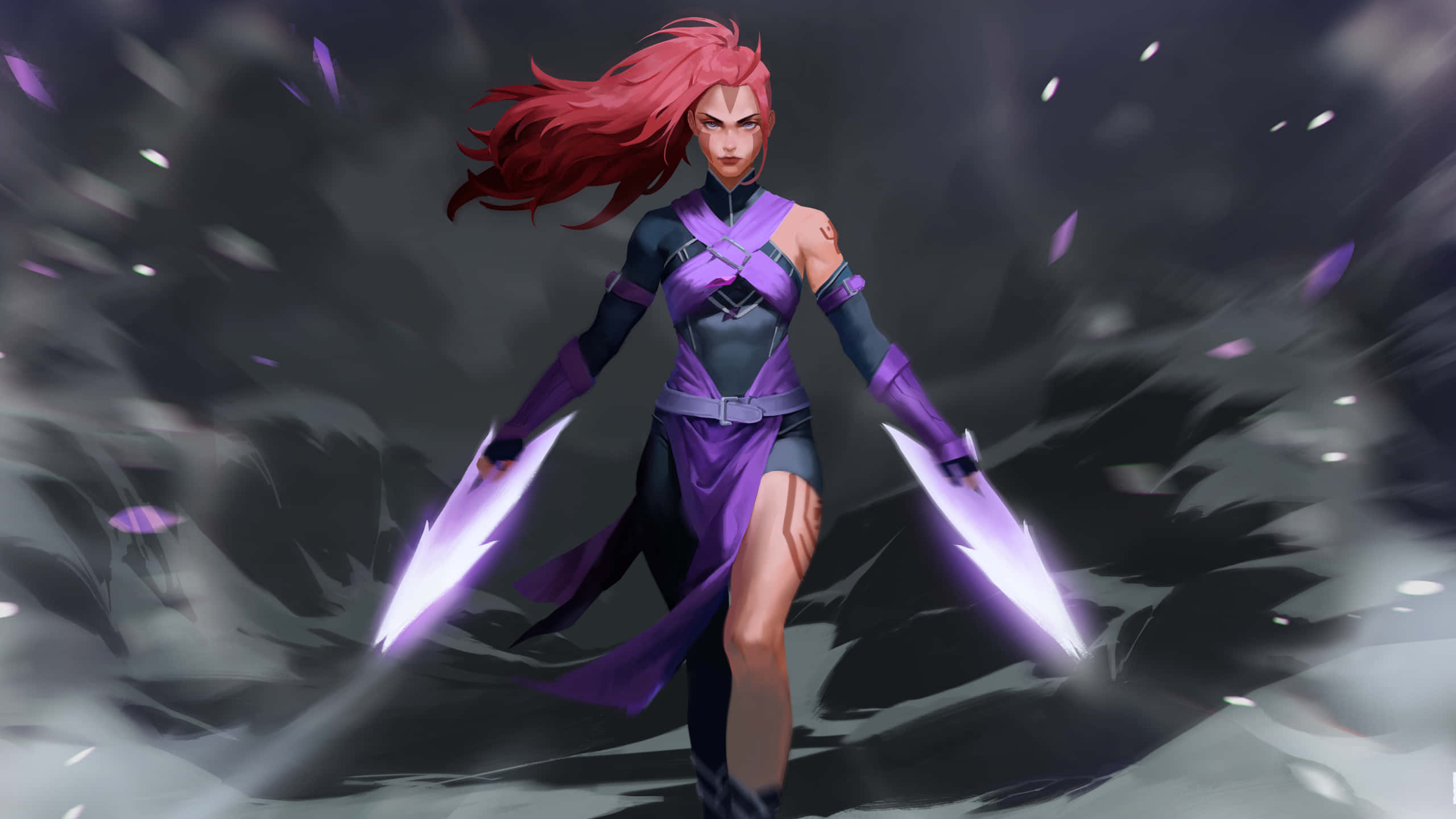 dota 2 4K 桌布 壁紙 — 一位擁有飄逸紅髮的兇猛動漫戰士，在旋轉的黑暗能量和飄落的花瓣中揮舞著發光的紫色刀刃。