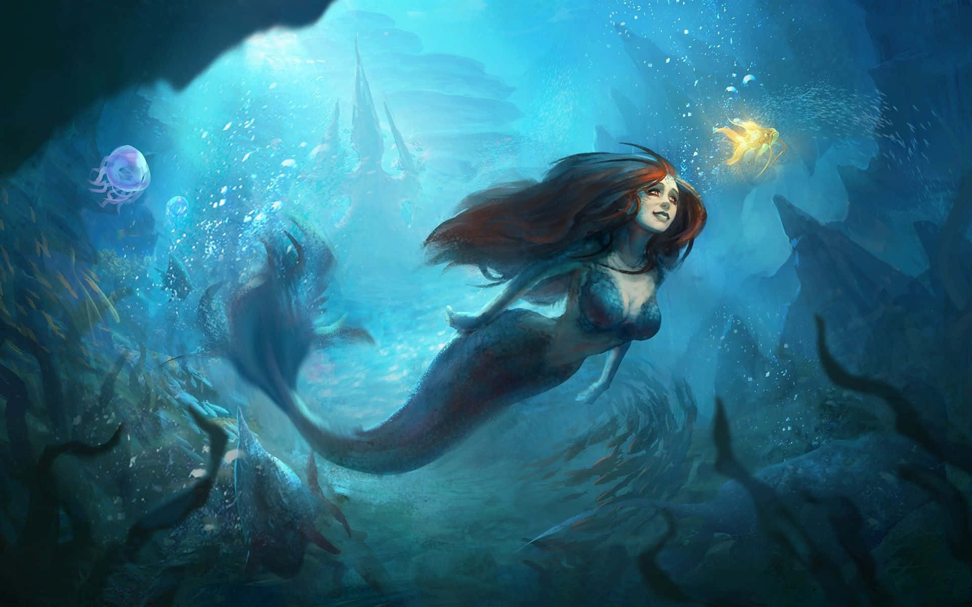 Beautiful Mermaid 桌布 壁紙 — 一位擁有飄逸紅髮的美人魚，在陽光照射的水下洞穴中滑行，周圍環繞著發光的水母和古代遺跡。