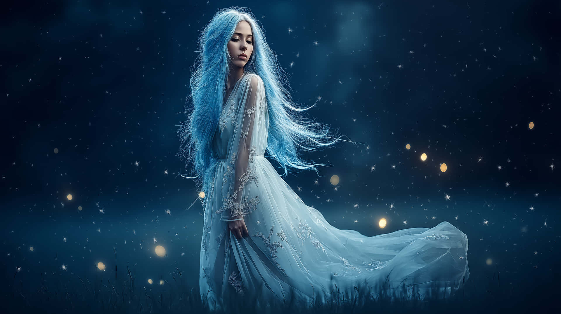 Beautiful Woman with Flowing Hair in Starlit Night Meadow 壁紙 — 一位擁有飄逸藍色長髮和白色長袍的女性，站在星光燦爛的夜晚田野中，周圍漂浮著發光的球體。