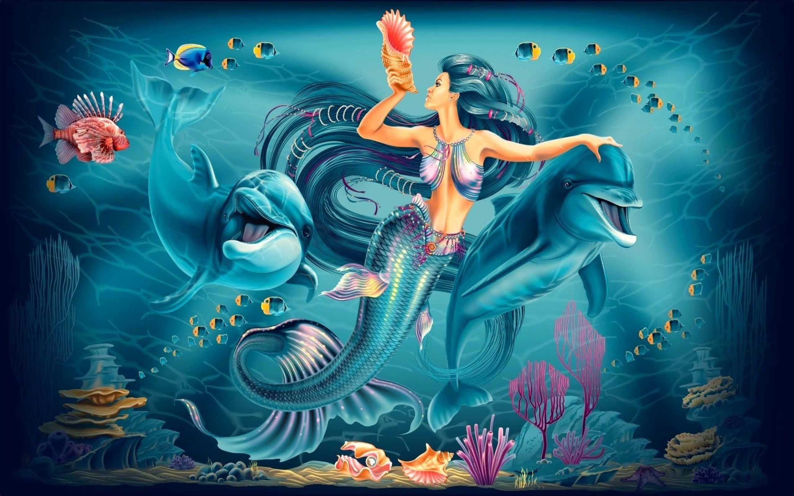 美人魚 桌布 壁紙 — 一位擁有飄逸藍色長髮的美人魚騎著海豚穿越充滿色彩繽紛魚類和發光海洋生物的生機勃勃珊瑚礁。