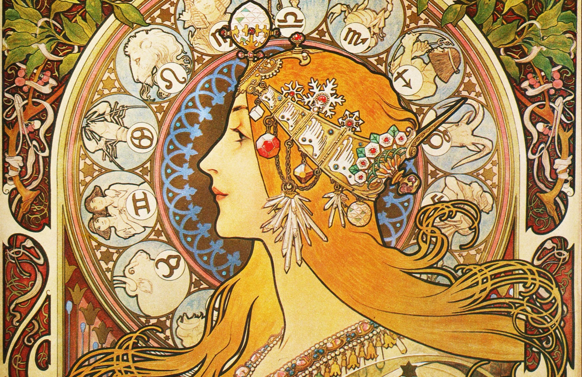星座運勢 桌布 壁紙 — 一位擁有飄逸金髮的女性，點綴著星座符號和花卉圖案，呈現充滿活力的新藝術風格。