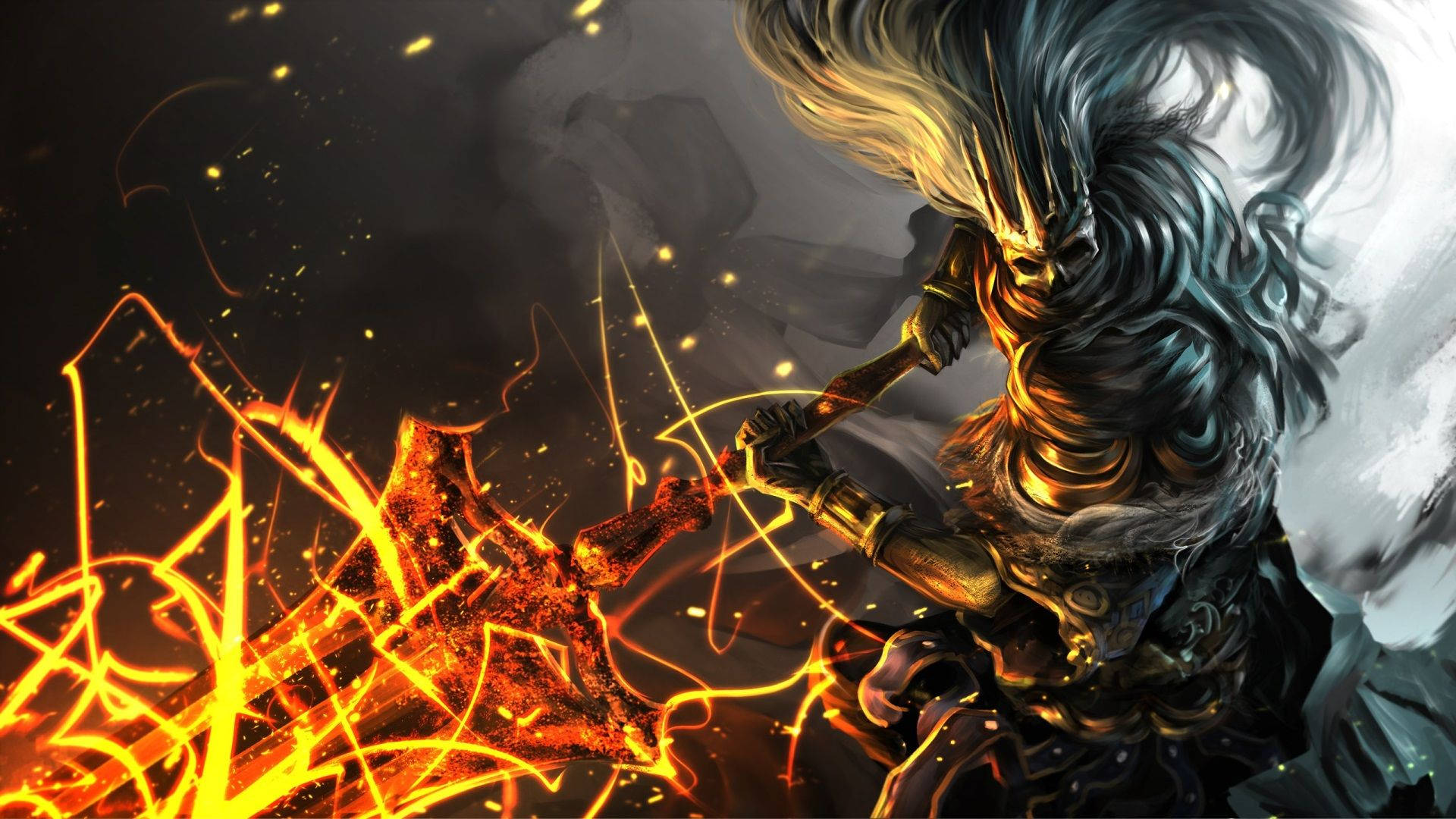 Dark Souls 3 桌布 壁紙 — 一位擁有飄逸銀髮的戰士，在充滿黑暗煙霧和火花的動態奇幻戰鬥場景中揮舞著火焰劍。