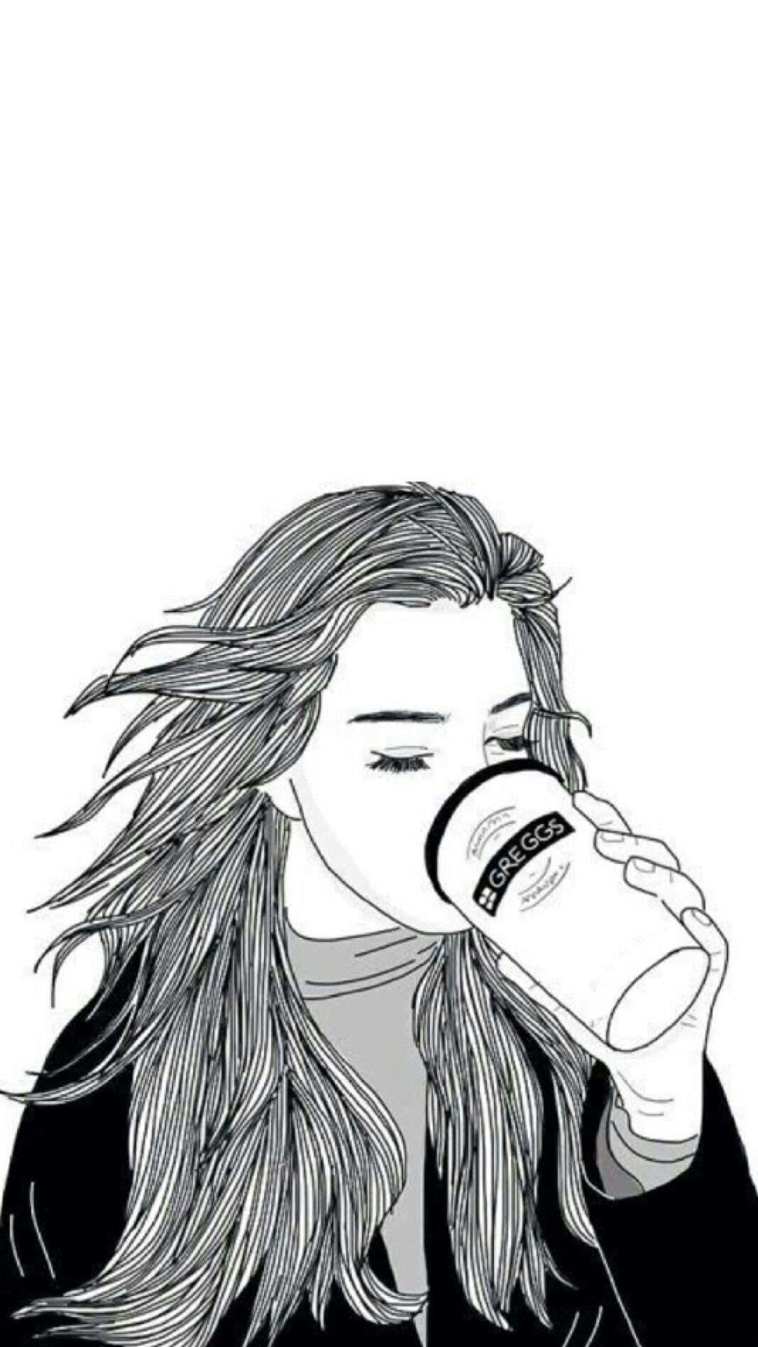 桌布 壁紙 — 一位擁有飄逸長髮的女性，在極簡黑白線條藝術插圖中啜飲Greggs咖啡杯。