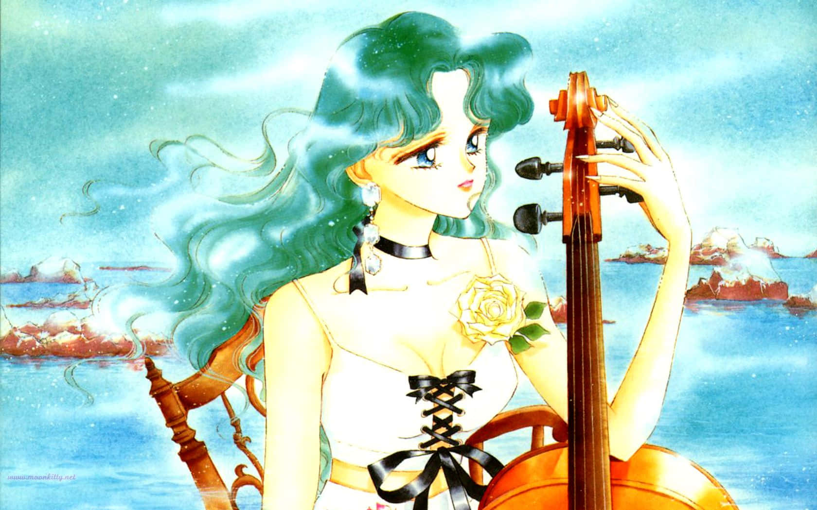 sailor neptune 桌布 壁紙 — 一位擁有飄逸青綠色頭髮的美麗動漫女孩，在夢幻般的海洋背景下抱著大提琴，背景中有浮島。