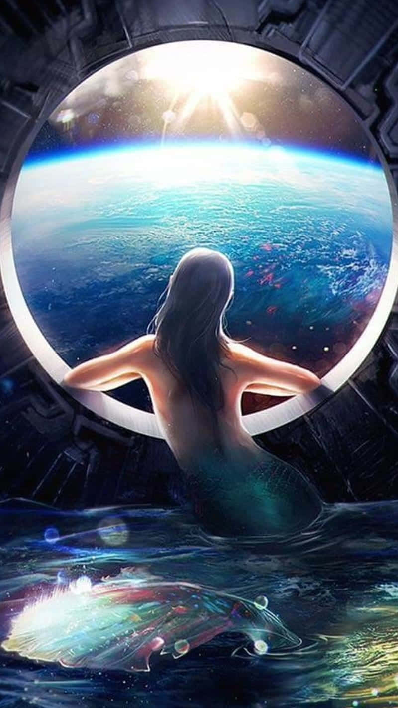 Mermaids 桌布 壁紙 — 一位擁有飄逸黑髮的美人魚從太空船窗戶凝視著地球的藍色海洋和發光的大氣層。