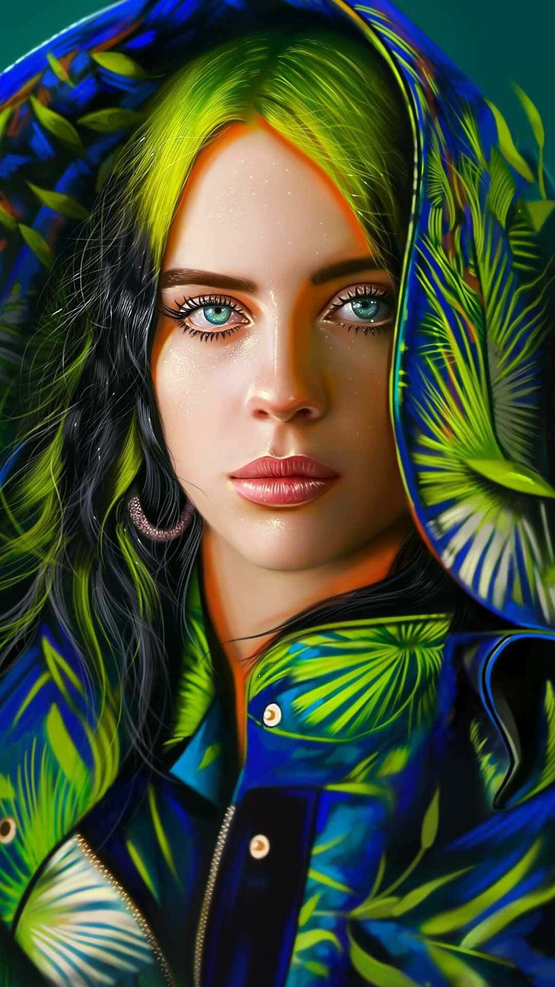 Billie Eilish 2021 桌布 壁紙 — 一位擁有鮮綠色頭髮和藍色眼睛、身穿葉子圖案外套的女性的數位肖像。