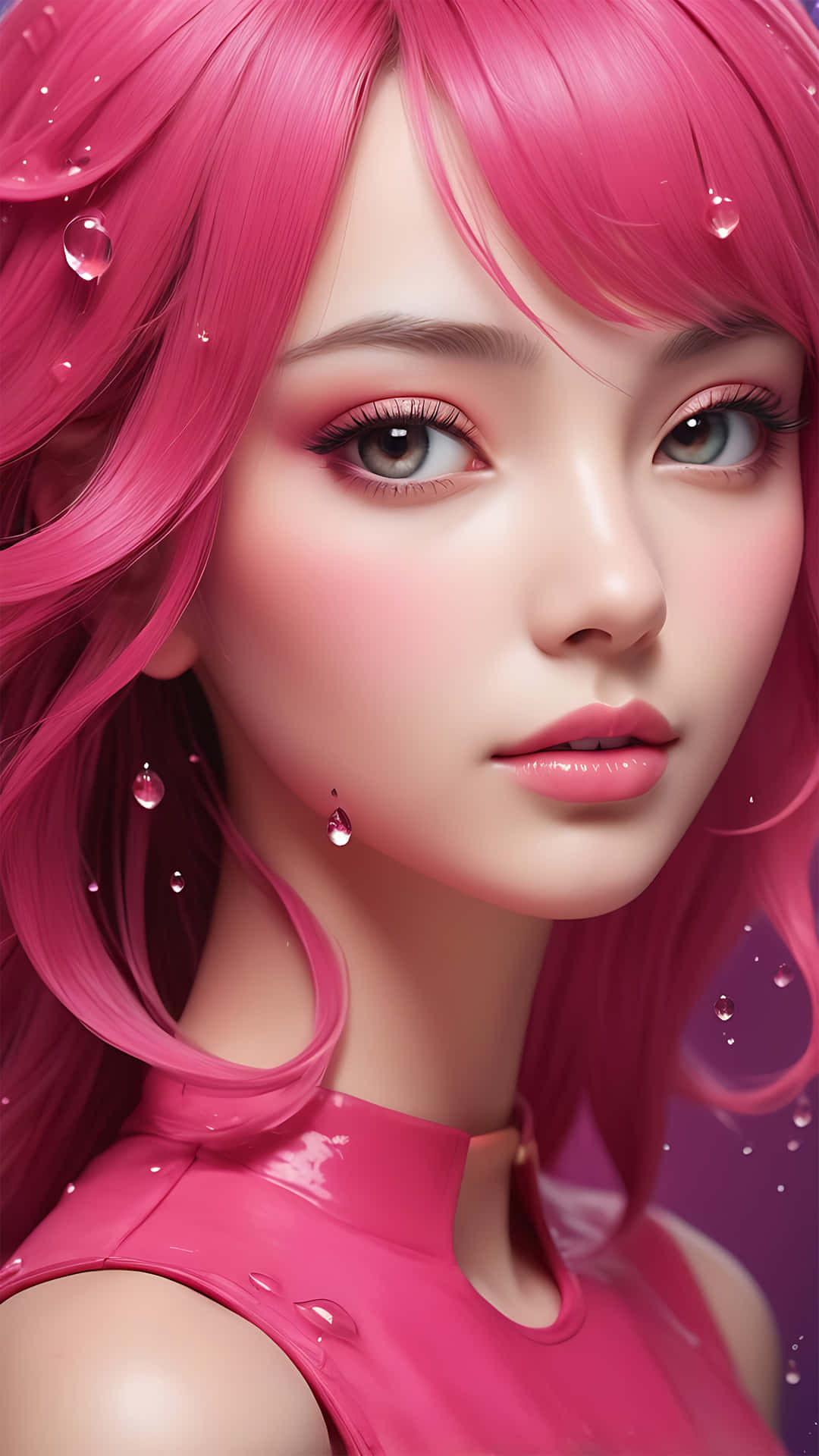 Digital Art Portrait of Woman with Pink Hair and Earrings 壁紙 — 一位擁有鮮豔粉紅色頭髮和相配服裝的女性特寫，在紫色背景上閃爍著水滴。