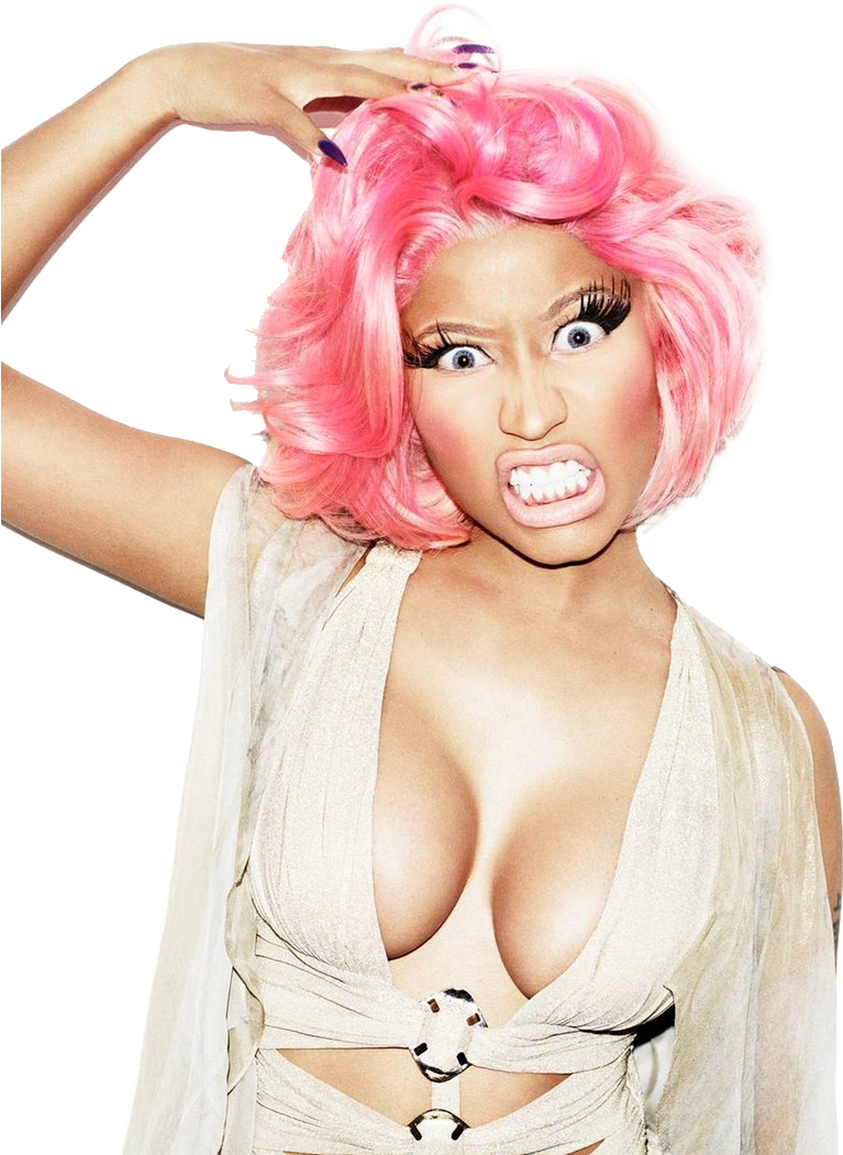 Nicki 桌布 壁紙 — 一位擁有鮮豔粉紅色頭髮和誇張妝容的女性，在黑色背景前擺出強烈表情的姿勢。
