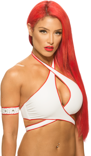 WWE 桌布 壁紙 — 一位擁有鮮豔紅髮和大膽紅唇的女性，在黑色背景前穿著白色和紅色的比基尼上衣。