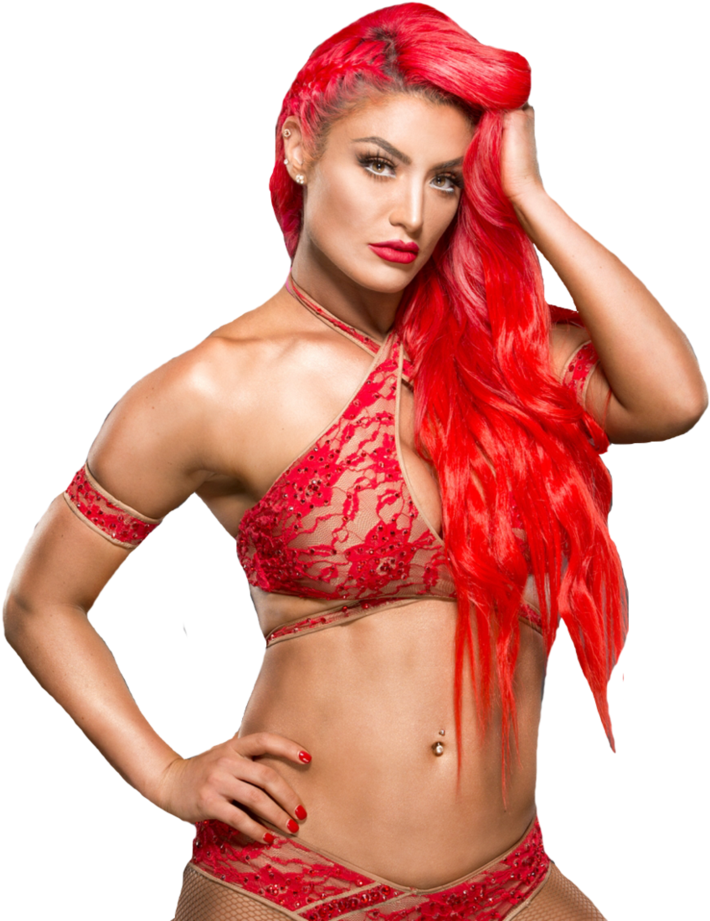 WWE 桌布 壁紙 — 一位擁有鮮豔紅髮和相配紅色蕾絲服裝的女性，在黑色背景前自信地擺姿勢。