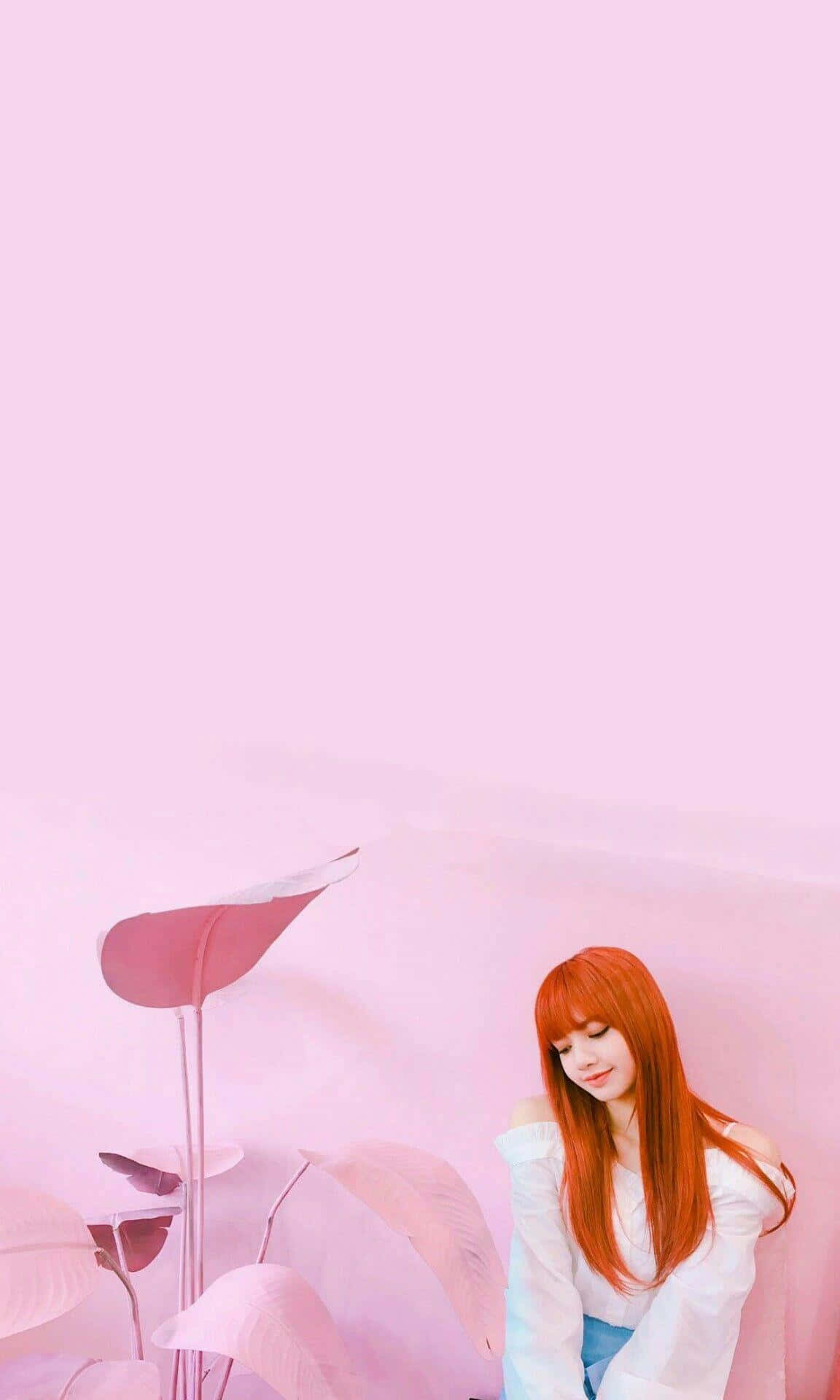 BLACKPINK 桌布 壁紙 — 一位擁有鮮豔紅髮的年輕女性，在柔和的粉紅色背景前，寧靜地坐在超大的粉紅色葉子旁邊。