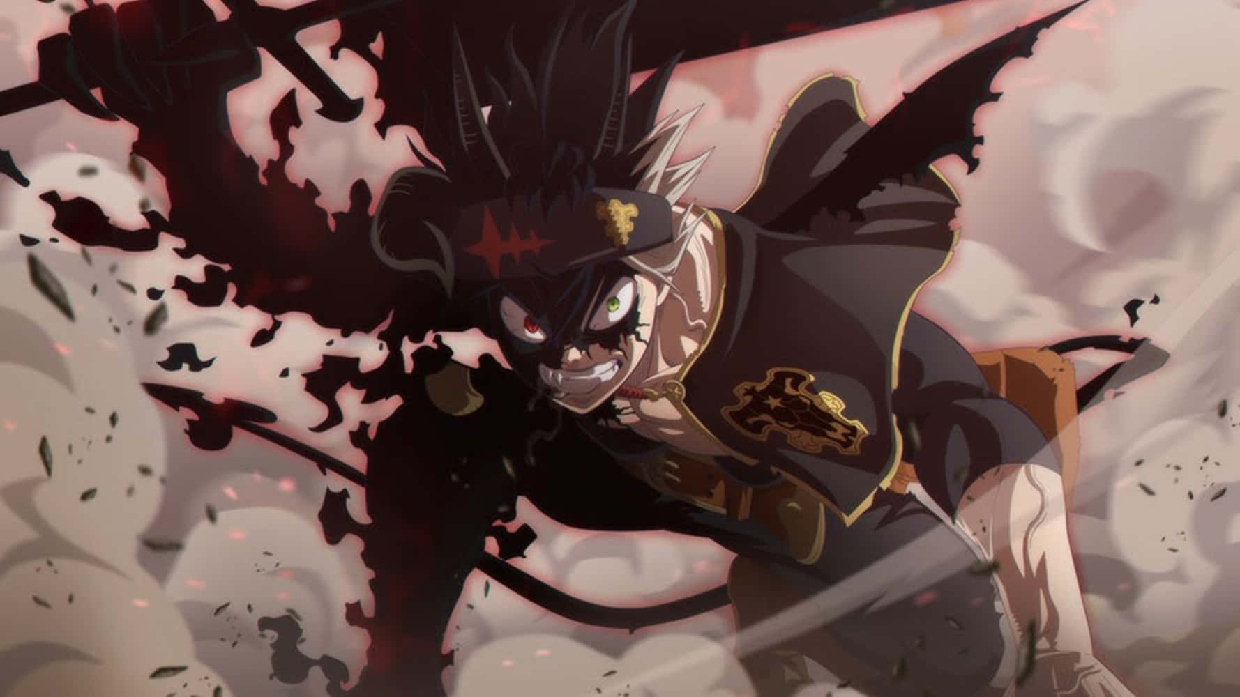 Black Clover Anime 桌布 壁紙 — 一位擁有黑色尖刺頭髮和紅色眼睛的動漫戰士，在旋轉的黑暗能量和碎片中，以動態的戰鬥姿勢向前猛衝。