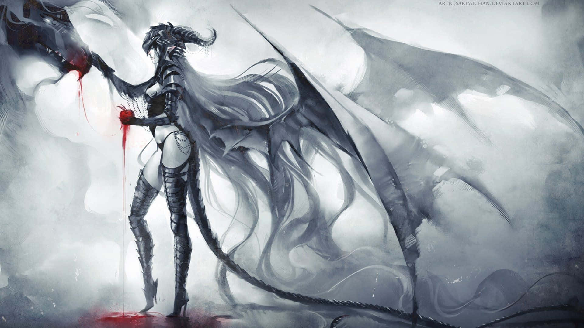 Cool Demon 桌布 壁紙 — 一位擁有龍翼和龍角的黑暗奇幻女戰士站在暴風雨的灰色迷霧中，手持一個流血龍頭。