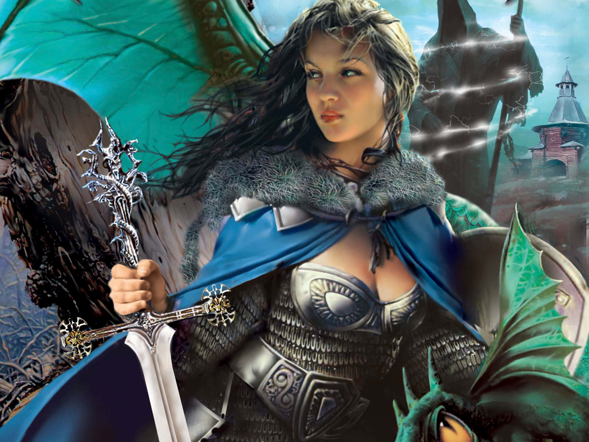 Warrior 桌布 壁紙 — 一位擁有龍翼的兇猛奇幻女戰士，在暴風雨城堡背景下揮舞著華麗的劍。