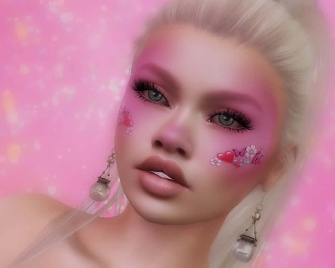 Egirl 桌布 壁紙 — 一位數位渲染的女性，擁有白金髮色和粉紅亮片化妝，在夢幻的粉紅閃爍背景前溫柔凝視。