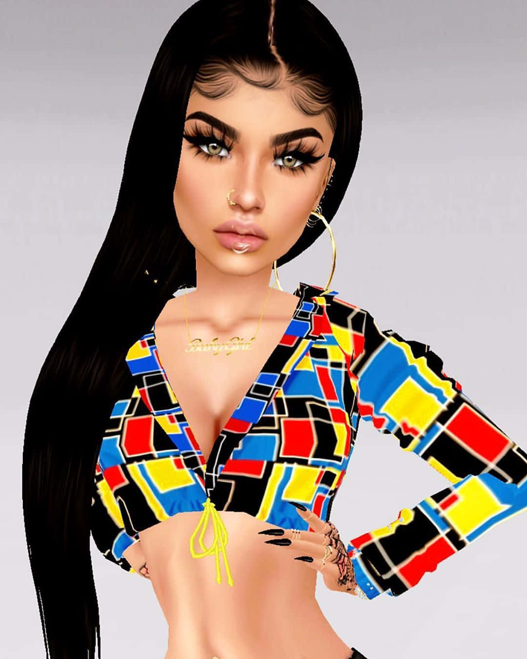 imvu 桌布 壁紙 — 一位數位渲染的女性，擁有長長的黑髮和鮮明的妝容，穿著充滿活力的幾何圖案短版上衣，背景是純灰色。