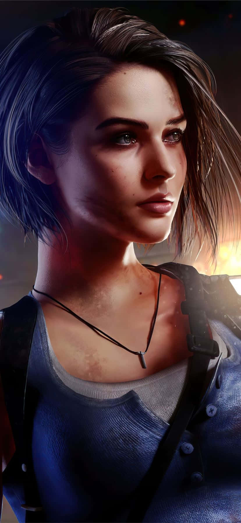 Resident Evil Characters 桌布 壁紙 — 一位數位渲染的短黑髮女性，眼神銳利，在火橙色和深色背景前穿著灰色背心外搭藍色背心。