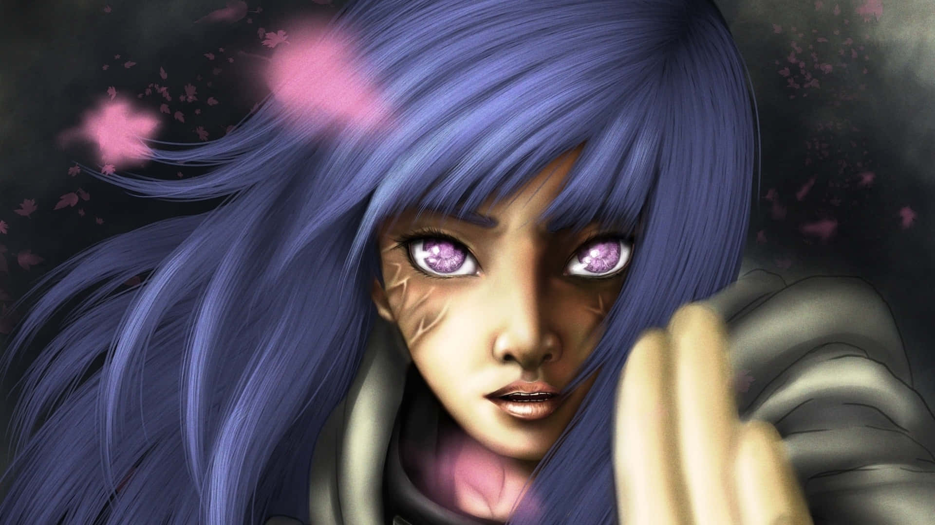 Naruto Black 桌布 壁紙 — 一位數位藝術動漫女孩，紫色頭髮，發光的眼睛，在粉紅色櫻花的黑暗背景前伸手向前。