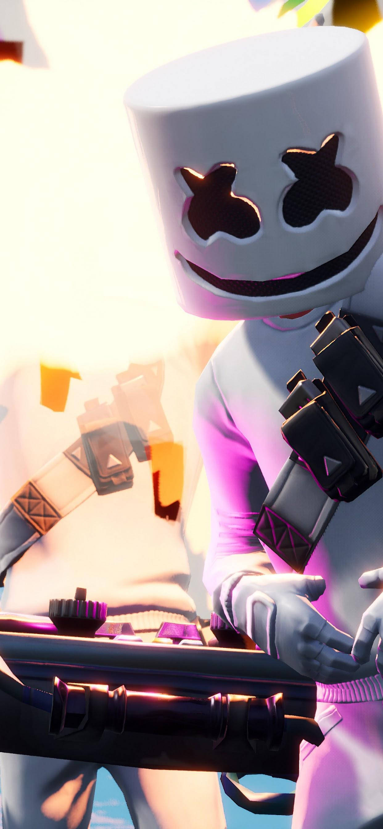 marshmello iPhone 桌布 壁紙 — 一位數位藝術家戴著白色棉花糖頭盔，有星星眼睛和咧嘴笑，穿著紫色服裝，在明亮發光的背景前拿著未來風格的控制器。