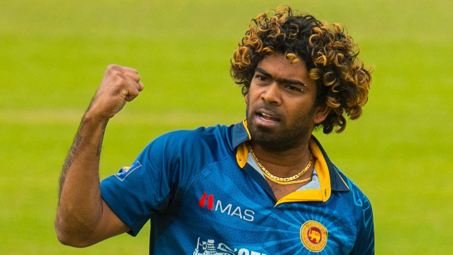 Sri Lanka Cricket 桌布 壁紙 — 一位斯里蘭卡板球運動員，捲髮，在充滿活力的綠色球場上握拳慶祝勝利。