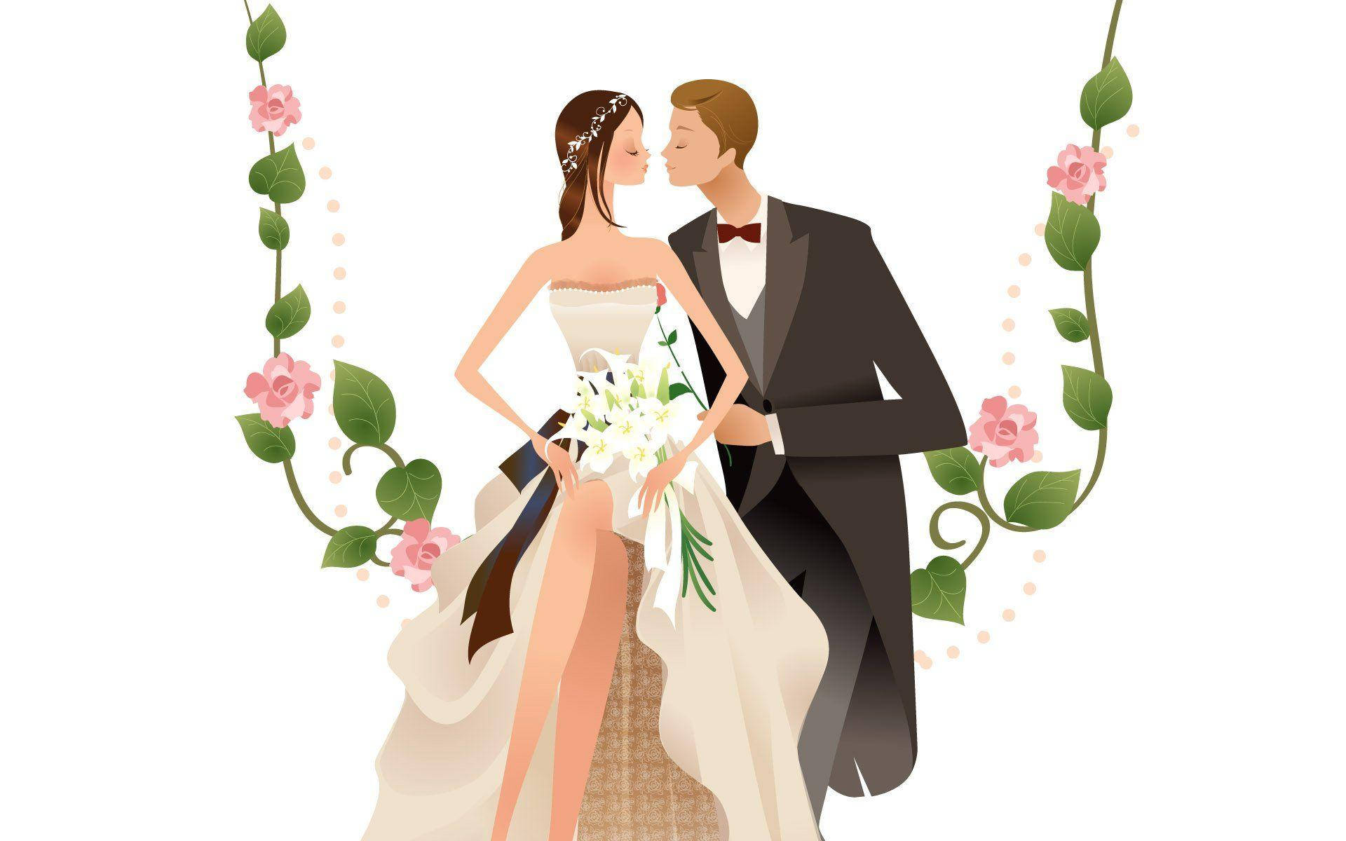 Cute Couple Cartoon 桌布 壁紙 — 一位新娘和新郎穿著婚禮服飾，在粉紅玫瑰和綠色藤蔓的襯托下分享一個溫柔的親吻。