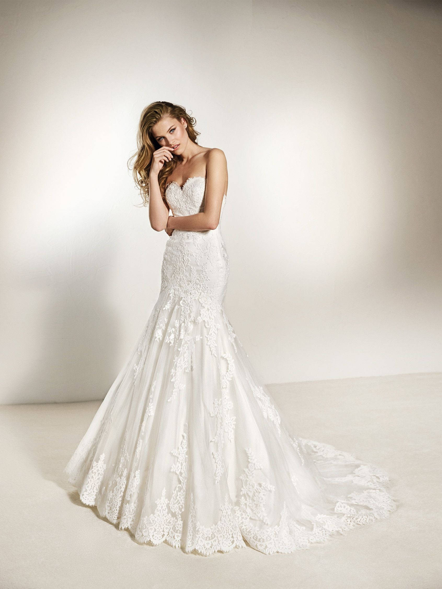 Wedding Dress 桌布 壁紙 — 一位新娘穿著優雅的白色蕾絲美人魚婚紗，在柔和的攝影棚背景下優雅地擺姿勢。