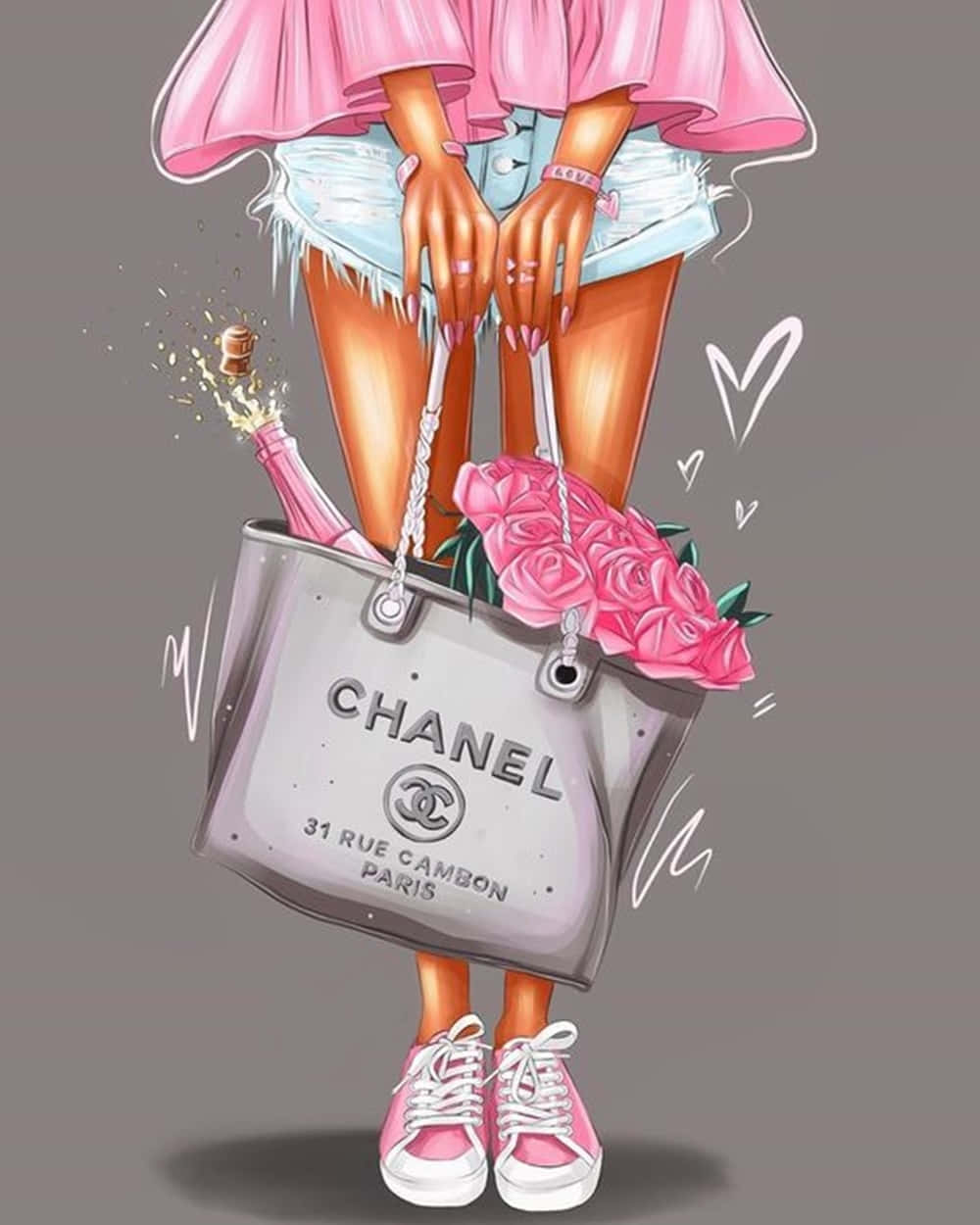 身穿粉紅色服裝的女孩拿著裝有香檳和玫瑰的 Chanel 手袋。 — 少女風 GIF 壁紙