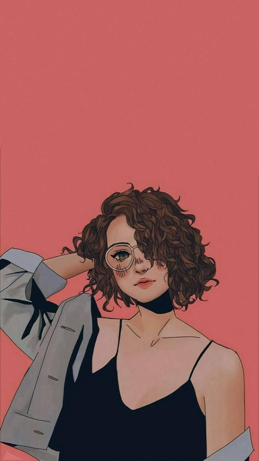 美女 桌布 壁紙 — 一位時尚女性，棕色捲髮戴眼鏡，在純粉紅色背景前自信地擺姿勢，身穿黑色上衣和灰色西裝外套。