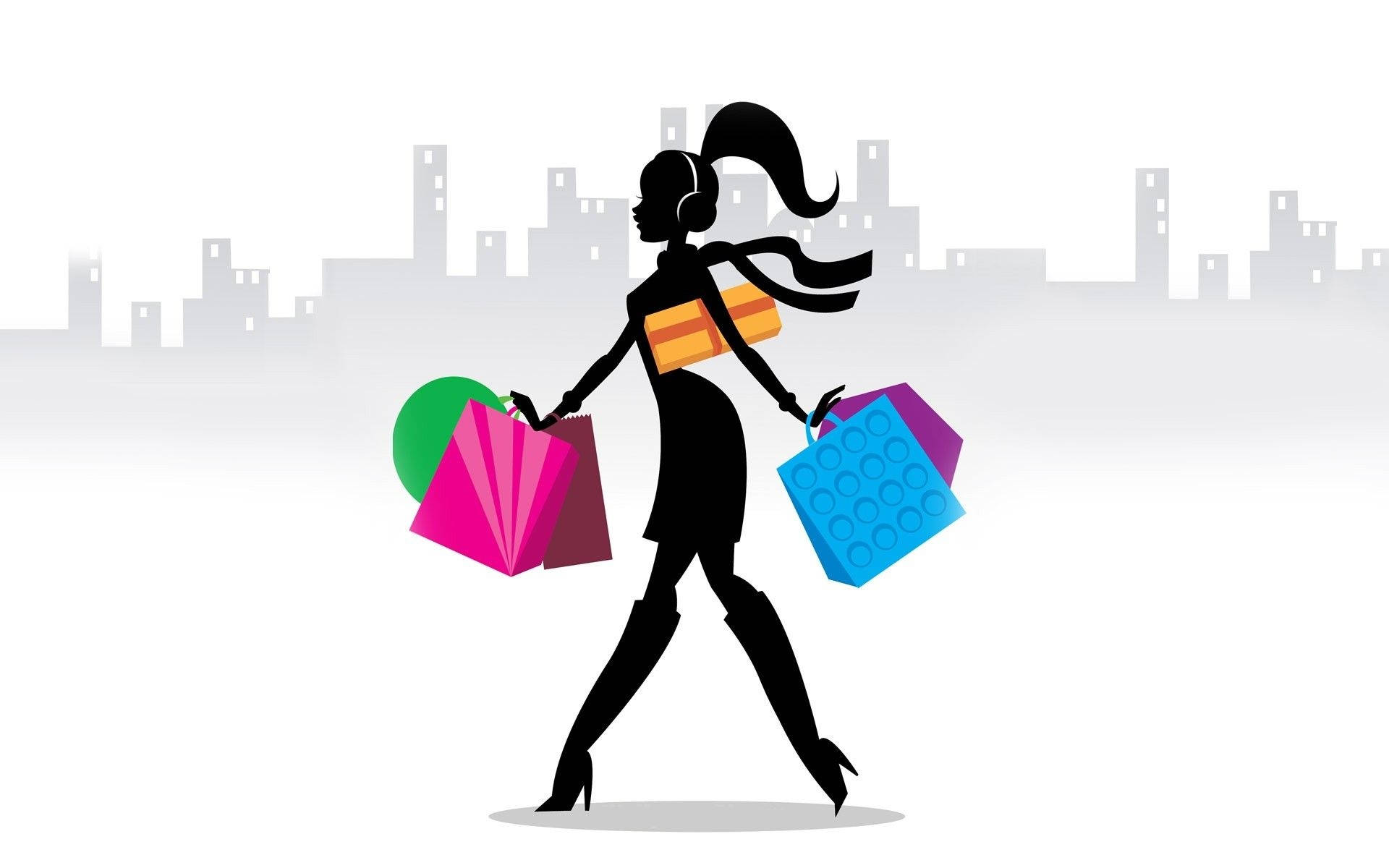 Shopping 桌布 壁紙 — 一位時尚女性的剪影，穿過城市，手持色彩繽紛的購物袋，戴著耳機。