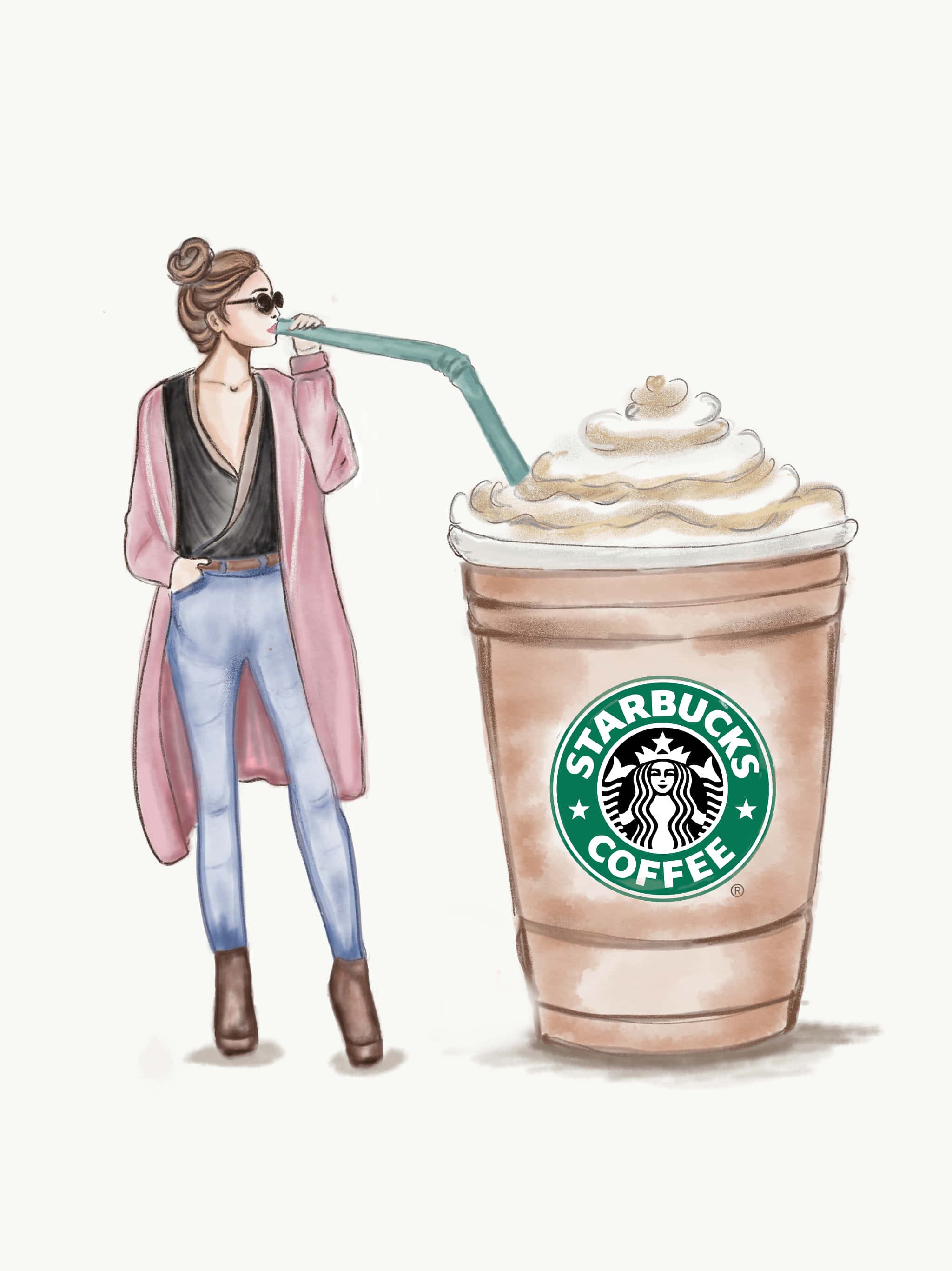 Aesthetic Starbucks 桌布 壁紙 — 一位時尚女性身穿粉紅色外套，啜飲一杯帶有奶油的巨型星巴克星冰樂。