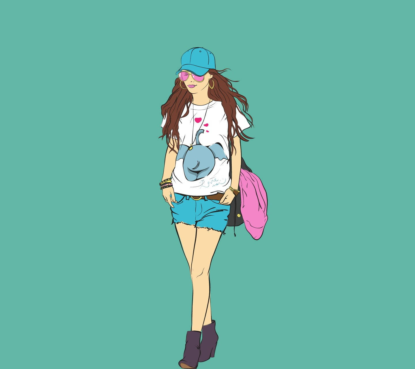 女孩 桌布 壁紙 — 一位時尚年輕女性戴著藍色帽子、粉紅色太陽眼鏡和牛仔短褲，在純青色背景上自信地行走。