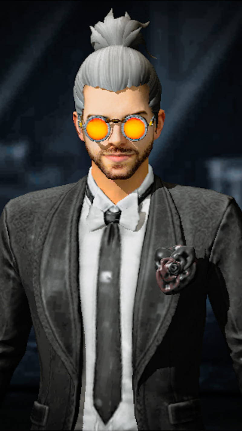 game 桌布 壁紙 — 一位時尚男士，灰白頭髮，戴著發光的橙色護目鏡，身穿剪裁俐落的黑色西裝，別著玫瑰胸花。
