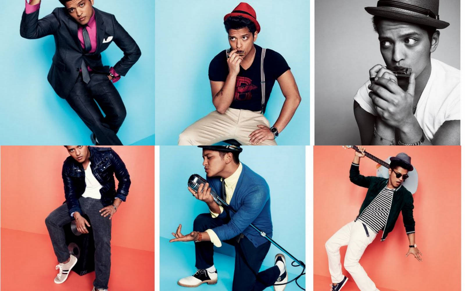 Bruno Mars 桌布 壁紙 — 一位時尚男士在六張充滿活力的攝影棚照片中擺姿勢，穿著不同的服裝，手持口琴麥克風或吉他，背景為大膽的藍色和橙色。