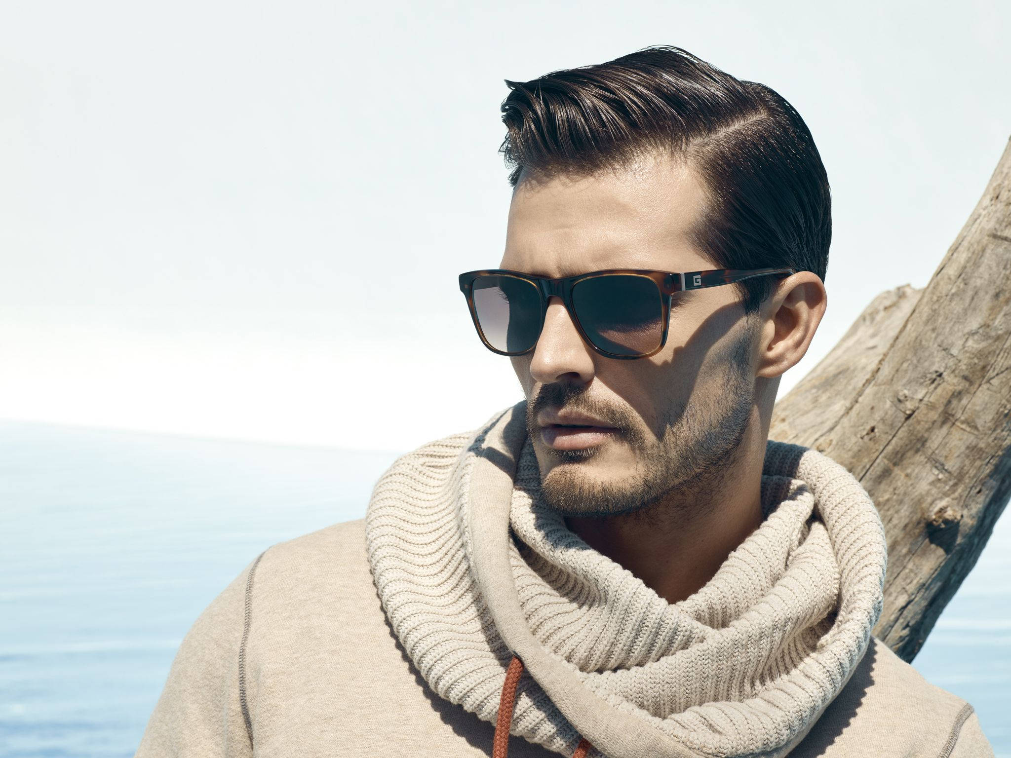 Sunglasses 桌布 壁紙 — 一位時尚男士戴著太陽眼鏡和米色圍巾，在明亮的日光下站在海邊的浮木旁。