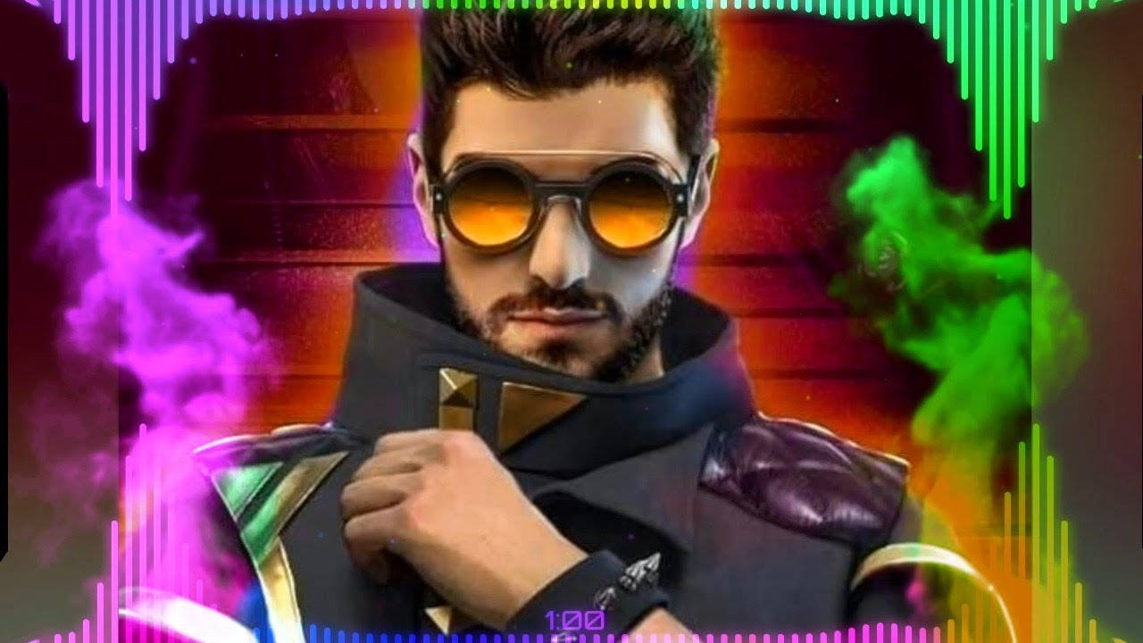 Free Fire Dj Alok 桌布 壁紙 — 一位時尚男士戴著未來風格的太陽眼鏡和科技外套，站在充滿活力的霓虹燈背景前，背景有發光的聲波圖形。