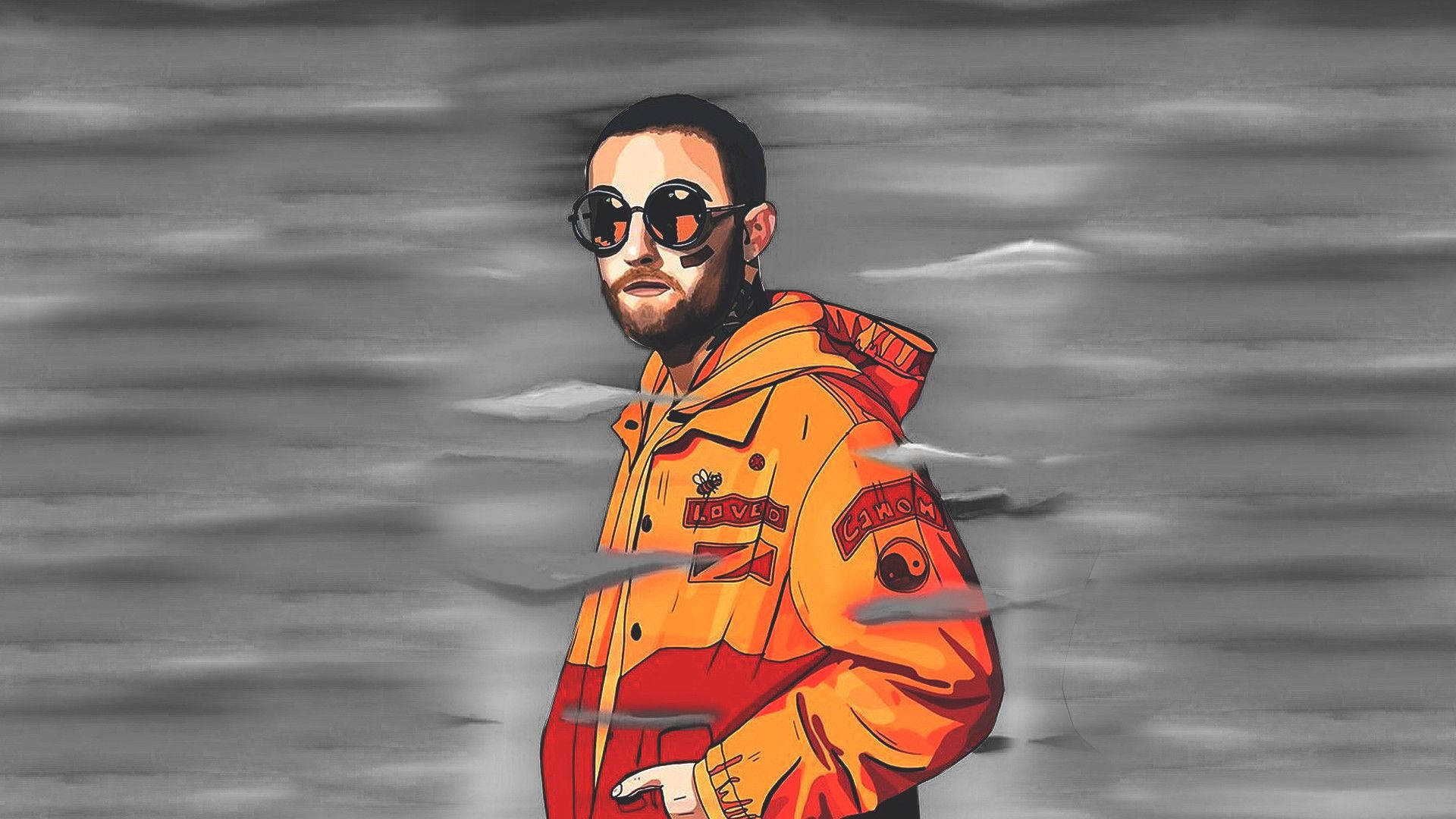Mac Miller 桌布 壁紙 — 一位時尚男士穿著大膽的橙色外套和太陽眼鏡，自信地站在模糊的灰階背景前。
