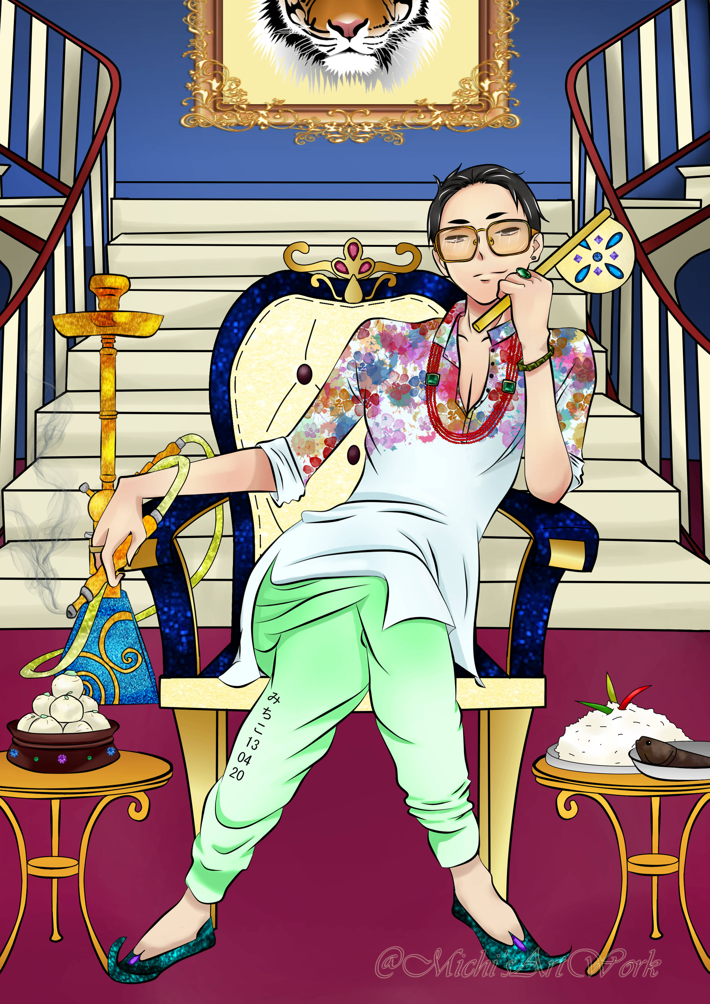 daisuke kambe 桌布 壁紙 — 一位時尚男士穿著花卉襯衫和綠色褲子，在一個豪華的房間裡，坐在王座椅上抽水煙，房間內有老虎畫像和華麗的樓梯。