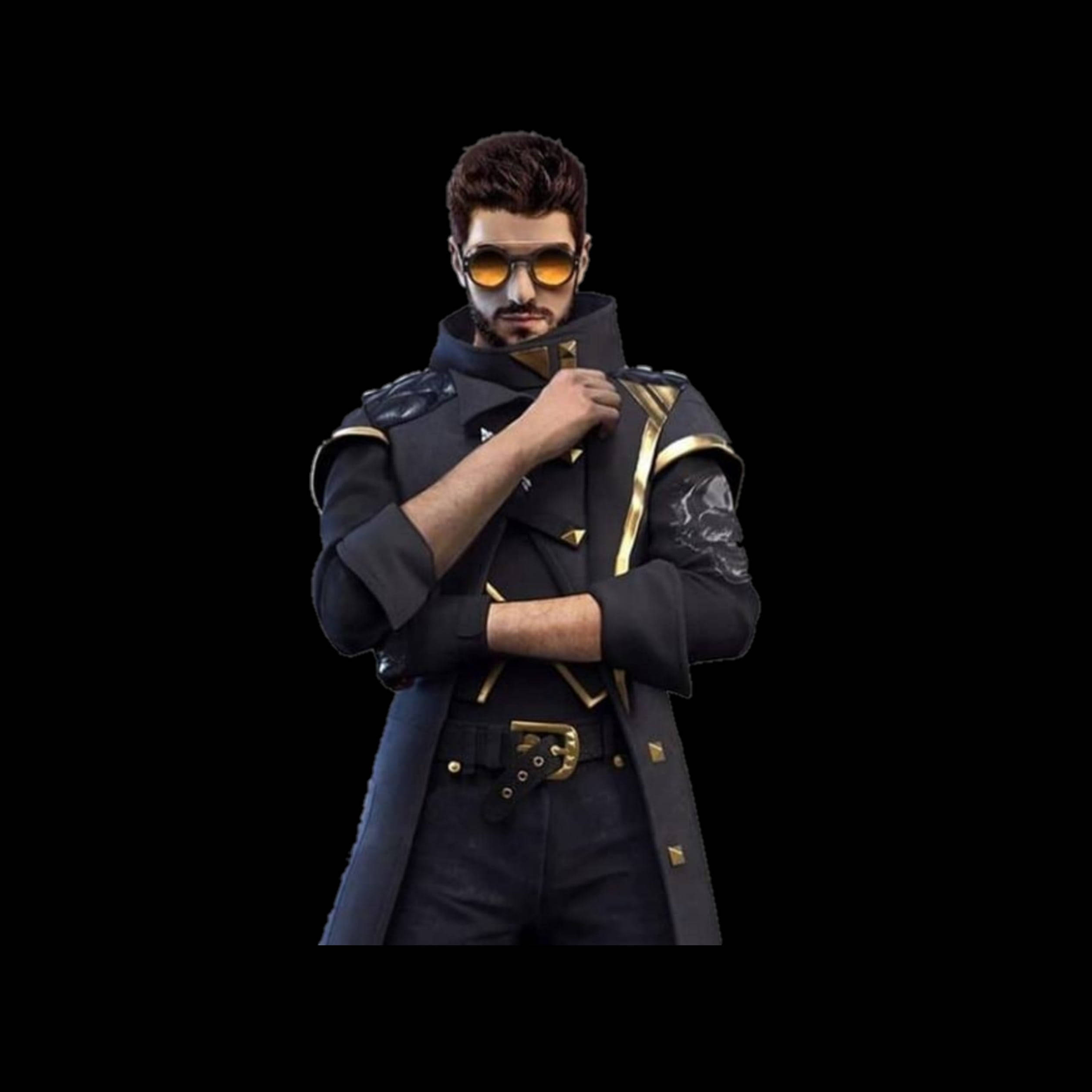 dj alok free fire 桌布 壁紙 — 一位時尚男士身穿帶有金色裝飾的黑色風衣，在純黑背景下整理衣領。