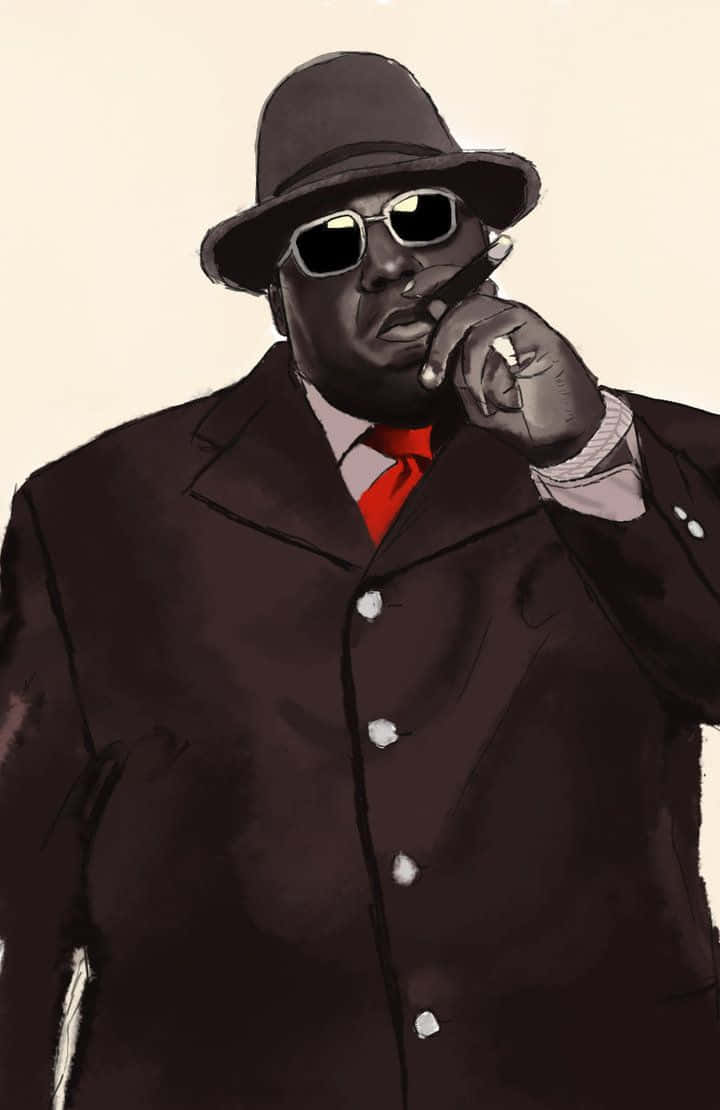 Rappers 桌布 壁紙 — 一位時尚男士身穿深色大衣、戴著軟呢帽和太陽眼鏡，打著大膽的紅色領帶，在純米色背景前拿著雪茄。