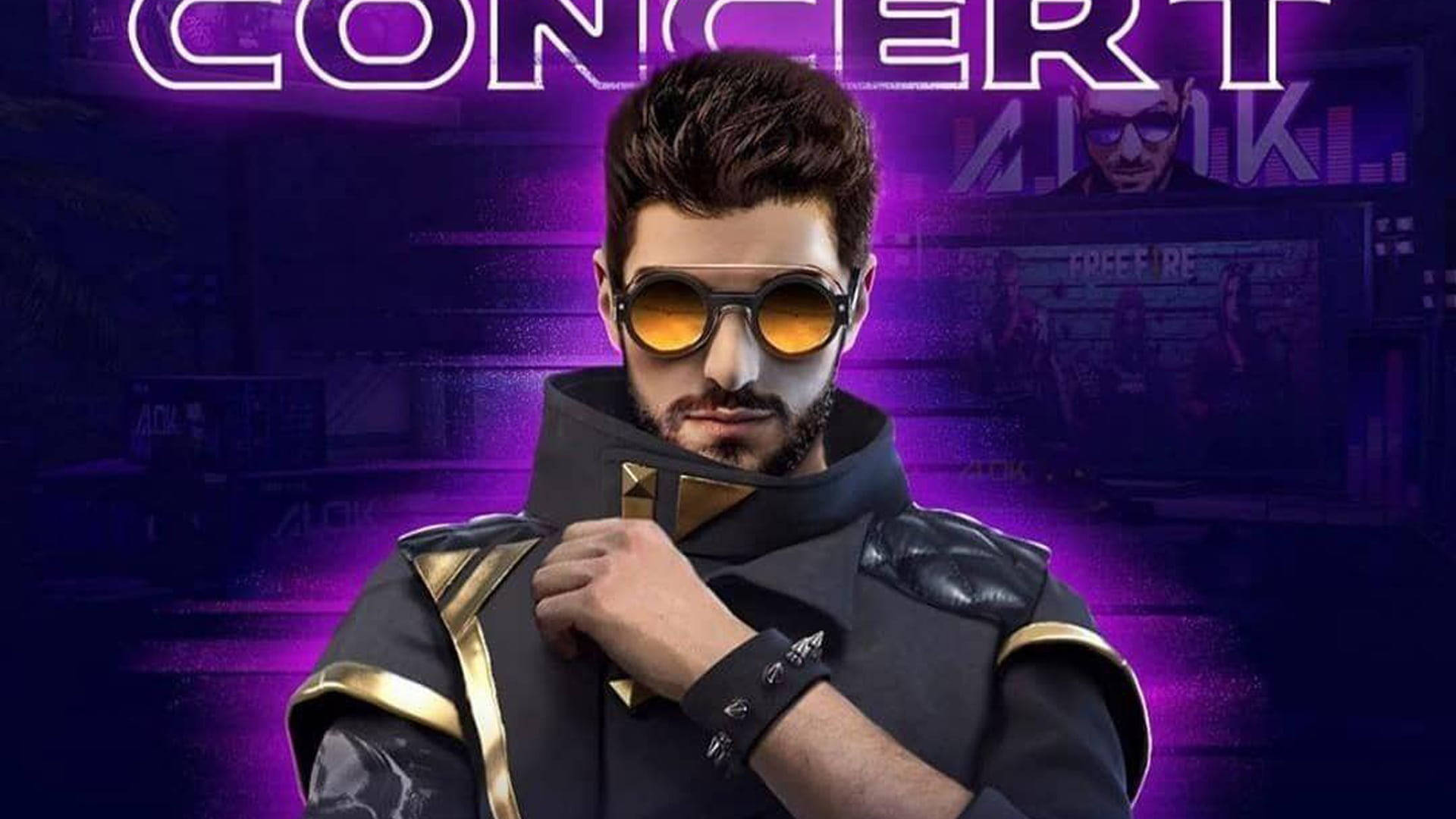 dj alok free fire 桌布 壁紙 — 一位時尚男士身穿金色鑲邊的黑色盔甲，戴著發光的橙色太陽眼鏡，在紫色霓虹演唱會燈光下自信地站立。