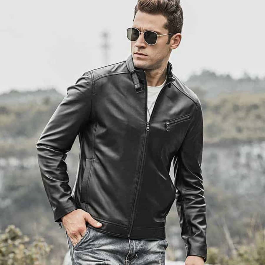 Black Leather 桌布 壁紙 — 一位時尚男士身穿黑色皮夾克和太陽眼鏡，單手插袋，自信地站在模糊的戶外背景前。