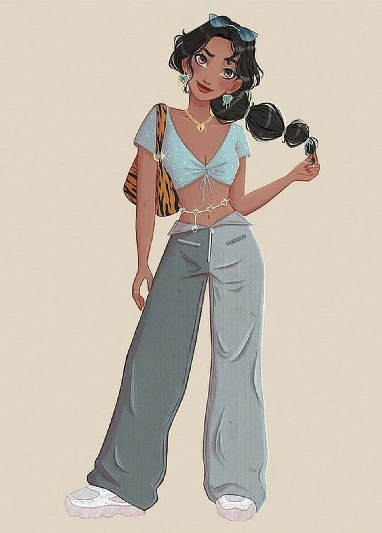 Girl Aesthetic 桌布 壁紙 — 一位時尚的動漫女孩，深色頭髮配藍色蝴蝶結，紮著雙馬尾，身穿淺藍色短版上衣和灰色寬腿褲。