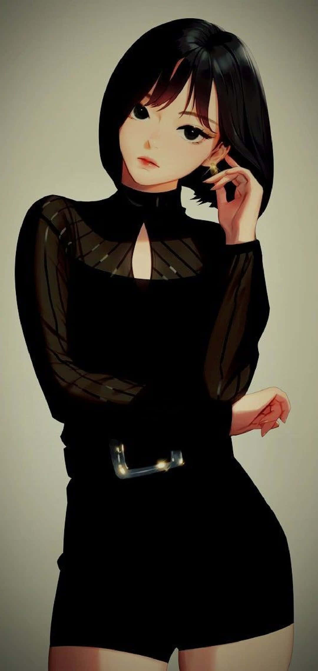 Cartoon 桌布 壁紙 — 一位時尚的動漫女孩，短黑髮，穿著透視黑色上衣和短褲，搭配發光的腰帶扣。