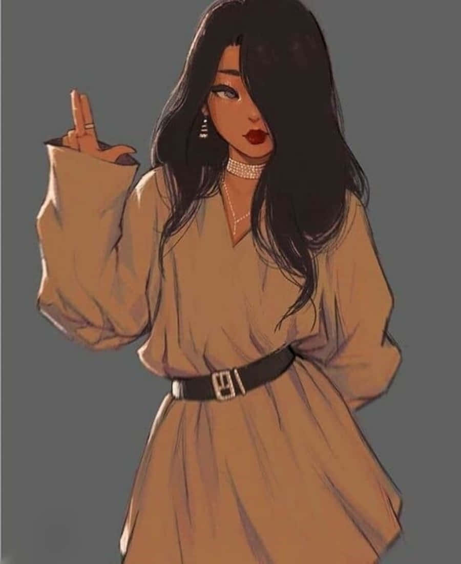 美學個人檔案 桌布 壁紙 — 一位時尚的動漫女孩，長長的黑髮和紅唇，穿著米色連衣裙和珍珠頸鍊，做出和平手勢。