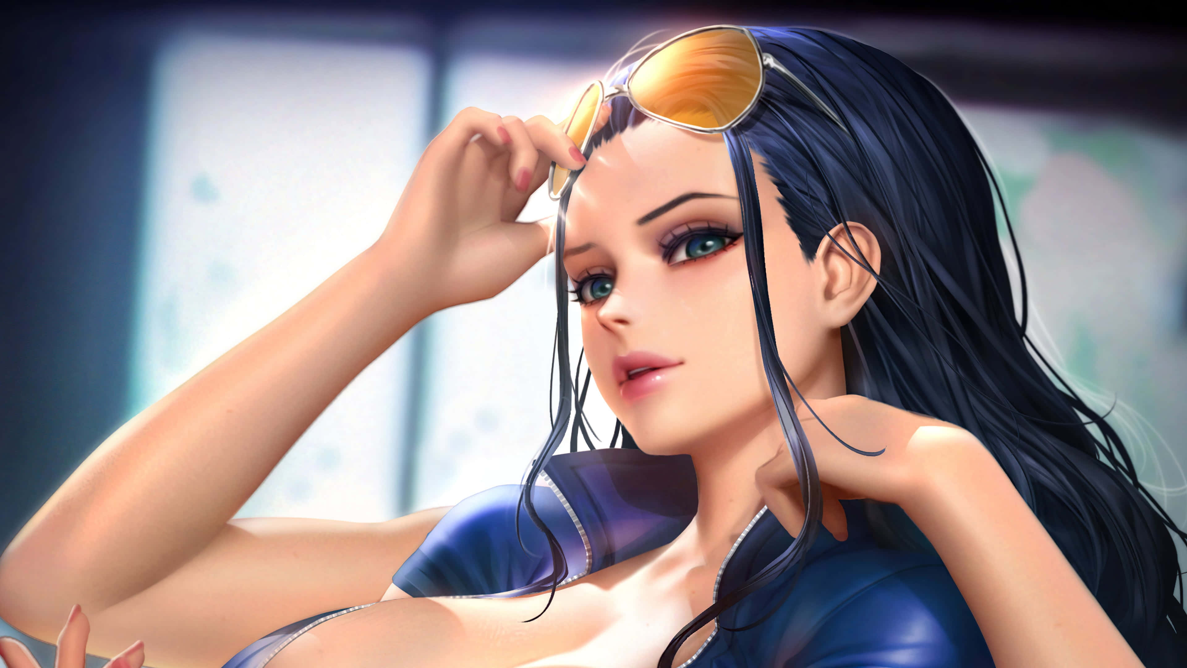 Nico Robin 桌布 壁紙 — 一位時尚的動漫女性，長長的黑髮，頭上戴著金色太陽眼鏡，自信地凝視著觀眾。