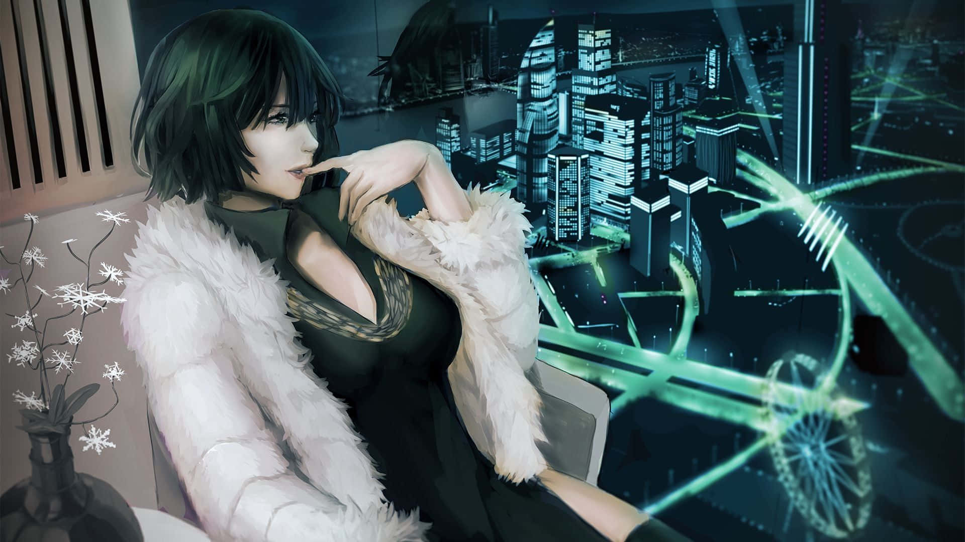 Fubuki 桌布 壁紙 — 一位時尚的動漫女性穿著白色毛皮大衣，坐在一個現代化的房間裡，俯瞰著夜晚閃爍的霓虹城市景觀。