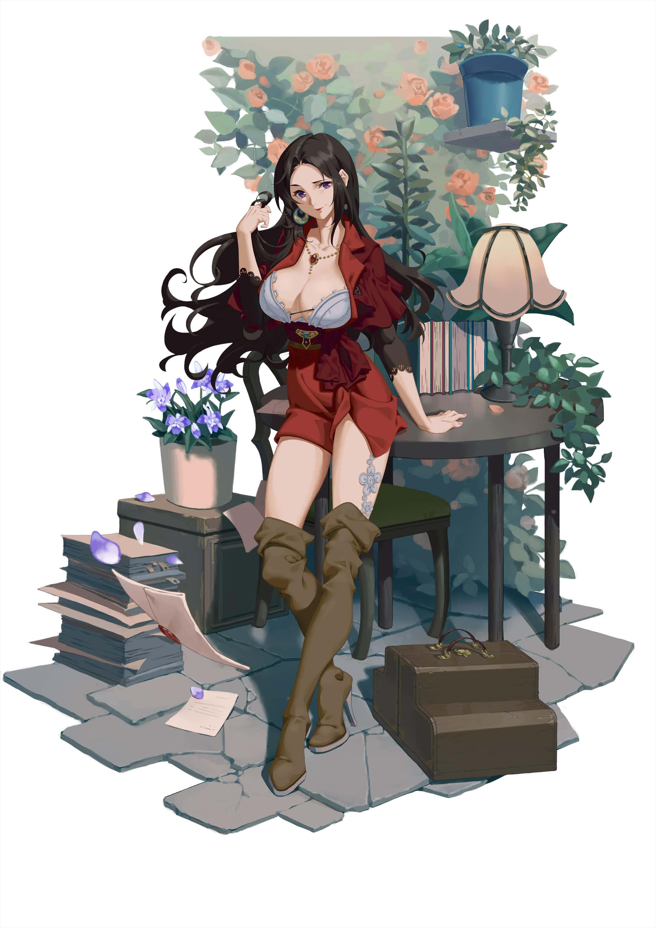 Cattleya Baudelaire 桌布 壁紙 — 一位時尚的動漫女性身穿紅色衣服，在一個雜亂的書桌旁放鬆，周圍環繞著鮮花和書籍，處於舒適的室內環境中。