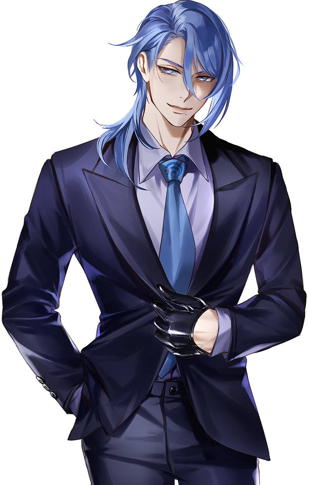 ayato 桌布 壁紙 — 一位時尚的動漫男子，藍色頭髮，身穿西裝，戴著手套的手在純白背景前調整外套。