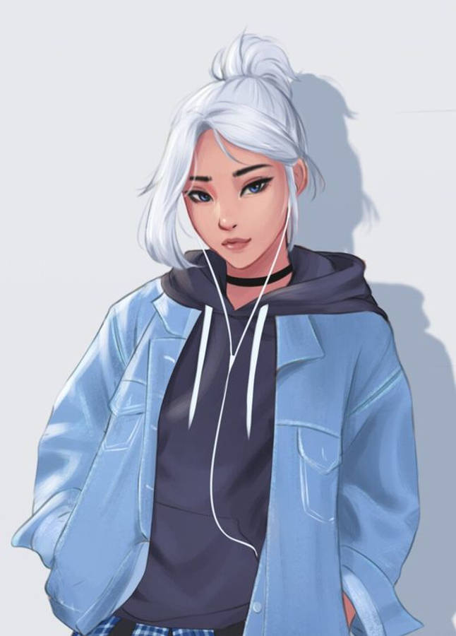 Cool Girl Cartoon 桌布 壁紙 — 一位時尚的動畫女孩，銀色頭髮盤成髮髻，穿著藍色外套在連帽衫外面，戴著白色耳機聽音樂。