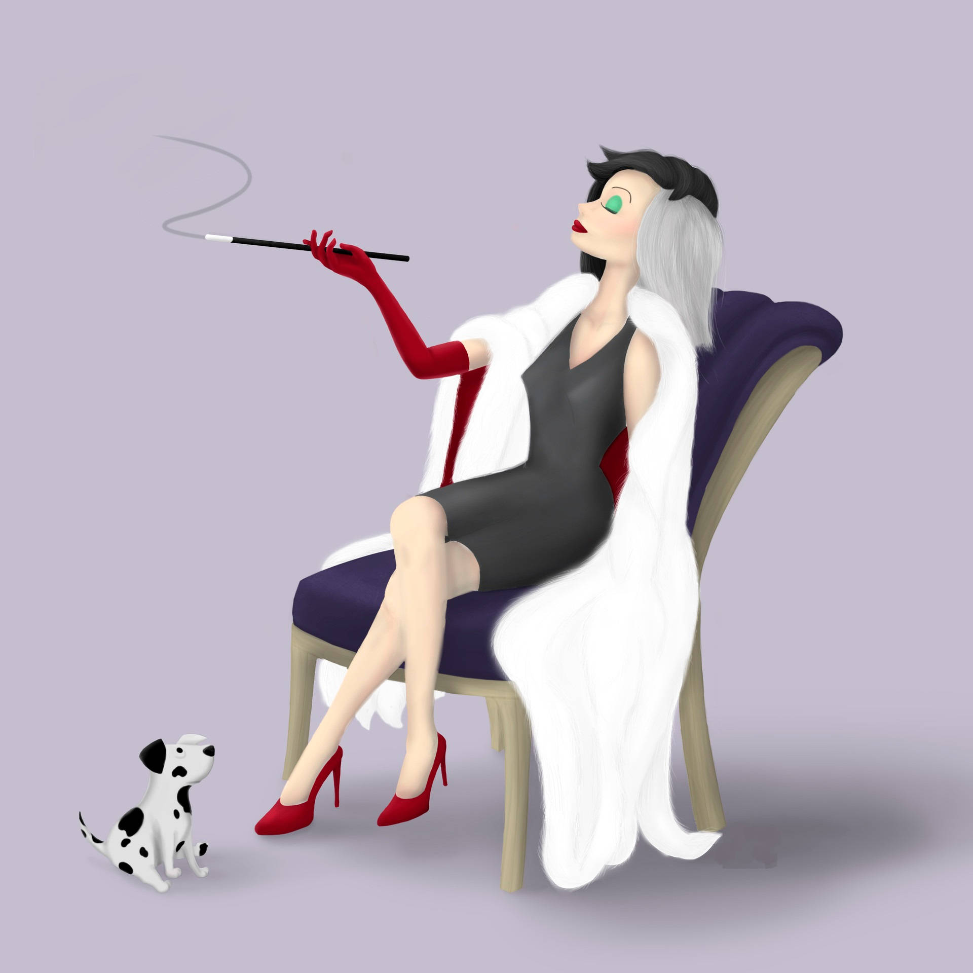 Cruella 桌布 壁紙 — 一位時尚的動畫女性，銀色頭髮和紅色手套，坐在椅子上，旁邊有一隻大麥町幼犬，正在吸煙。